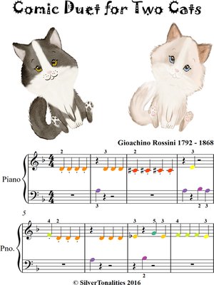 cover image of Comic Duet for Two Cats Beginner Piano Sheet Music with Colored Notes